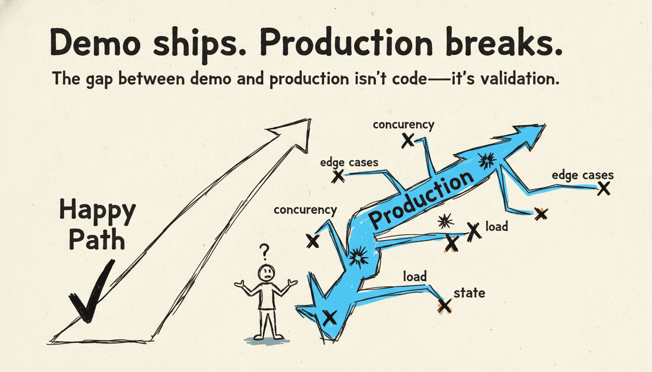 Diagram showing demo code vs production code pathways diverging